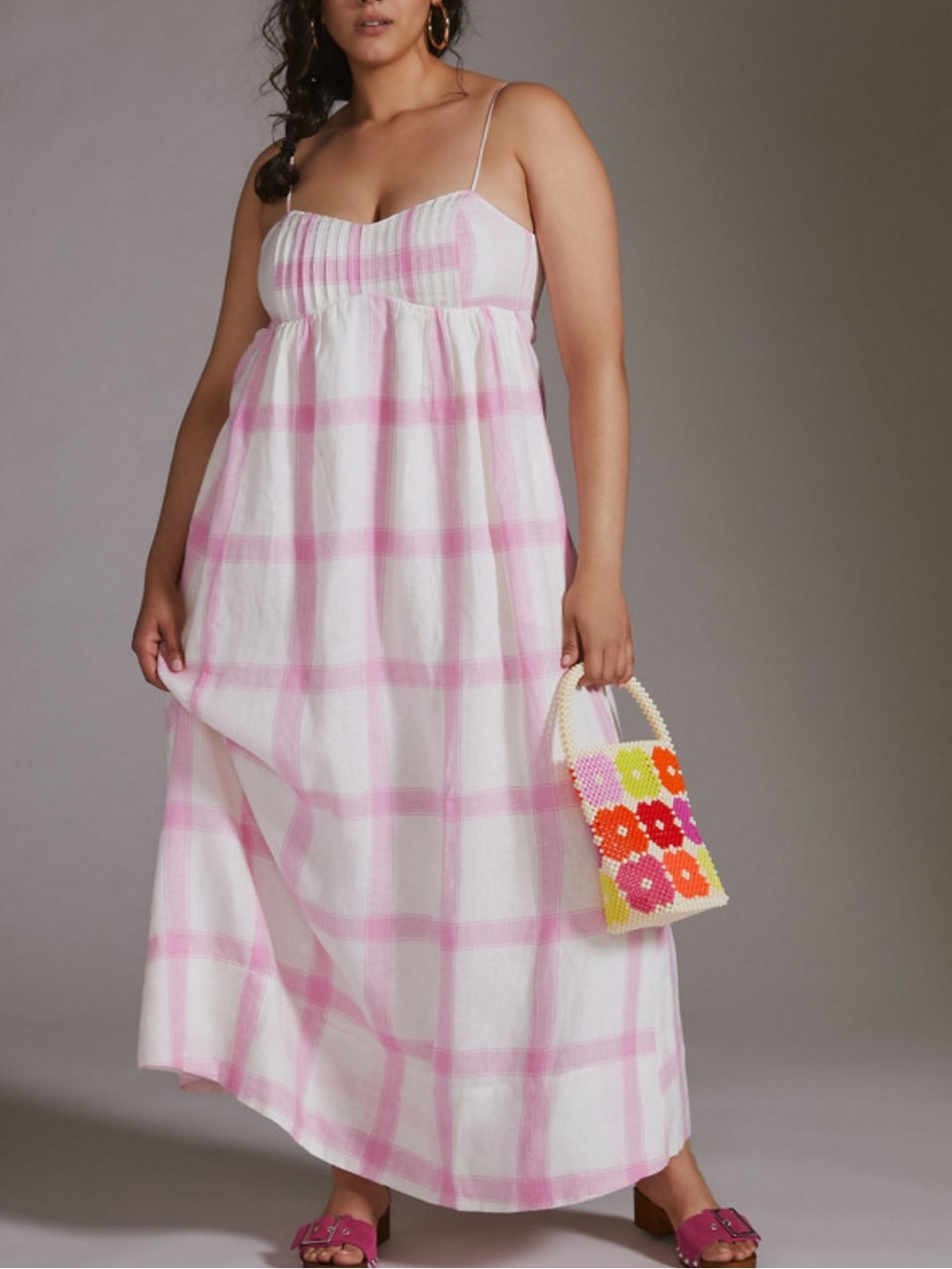 Anthropologie Maeve Women’s Pink & White Plaid Tie back Maxi Linen Dress XL NWT